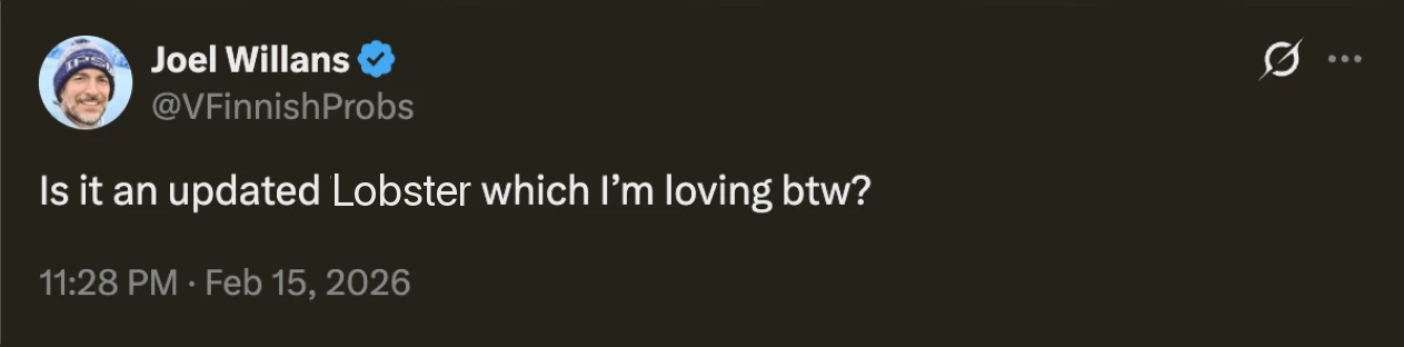 Tweet by Joel Willans about loving the updated Lobster