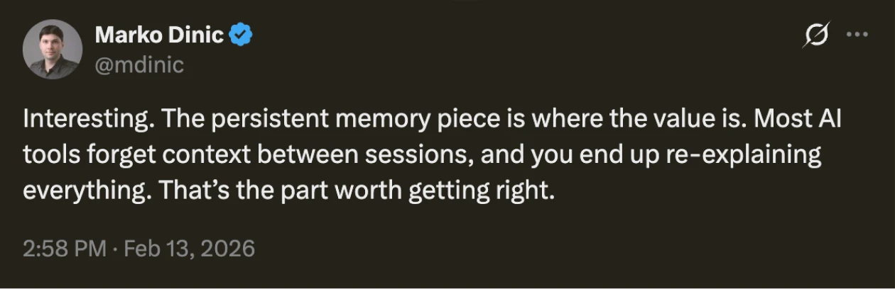 Tweet by Marko Dinic about Lobster's persistent memory feature