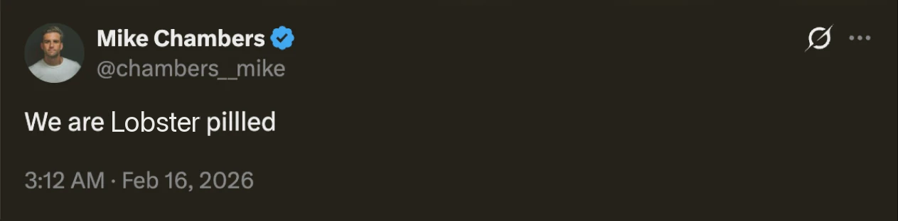 Tweet by Mike Chambers saying we are Lobster pilled